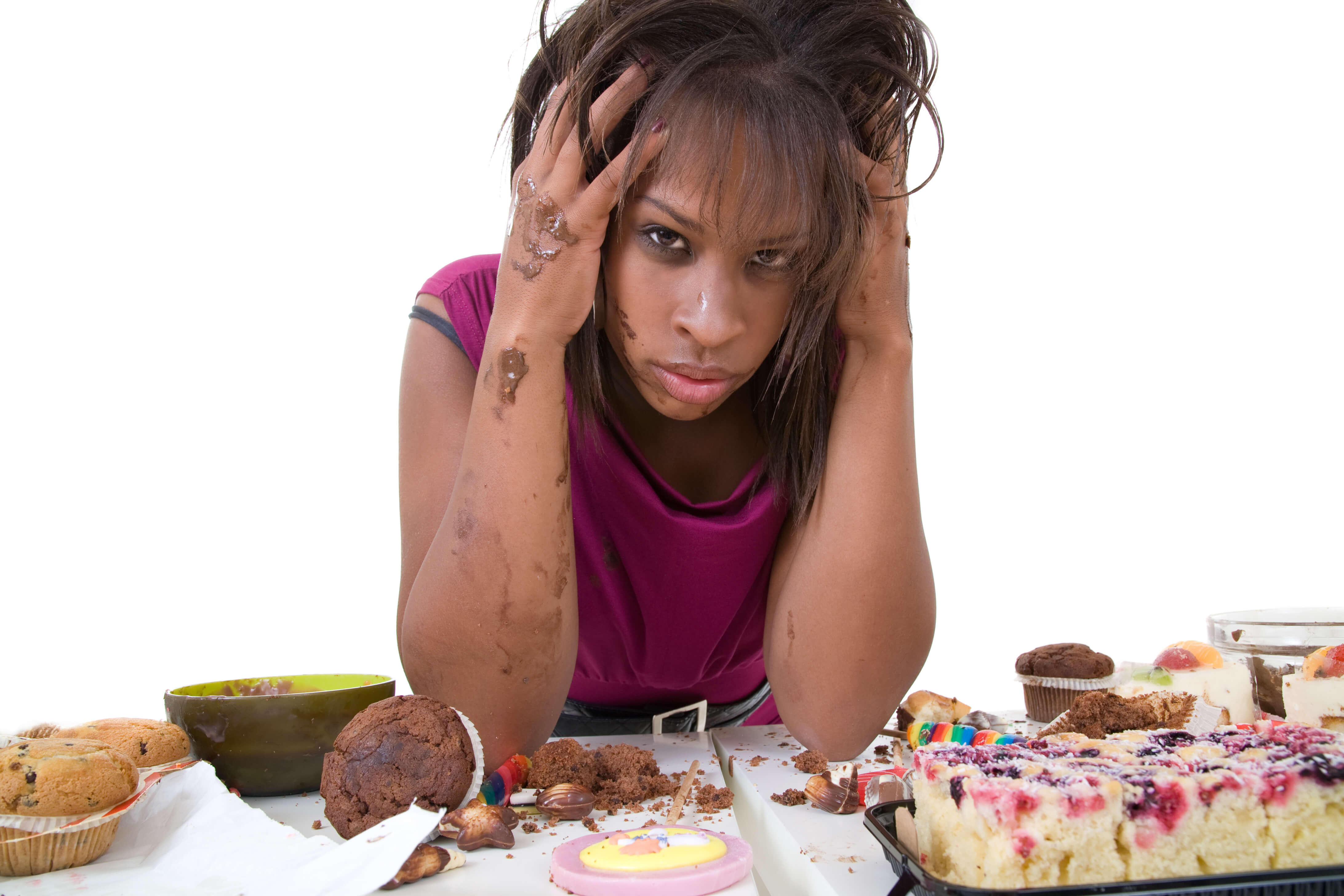 Женский голод. Заедать стресс. Зависимость от еды. Девушка объелась. Стресс и переедание.