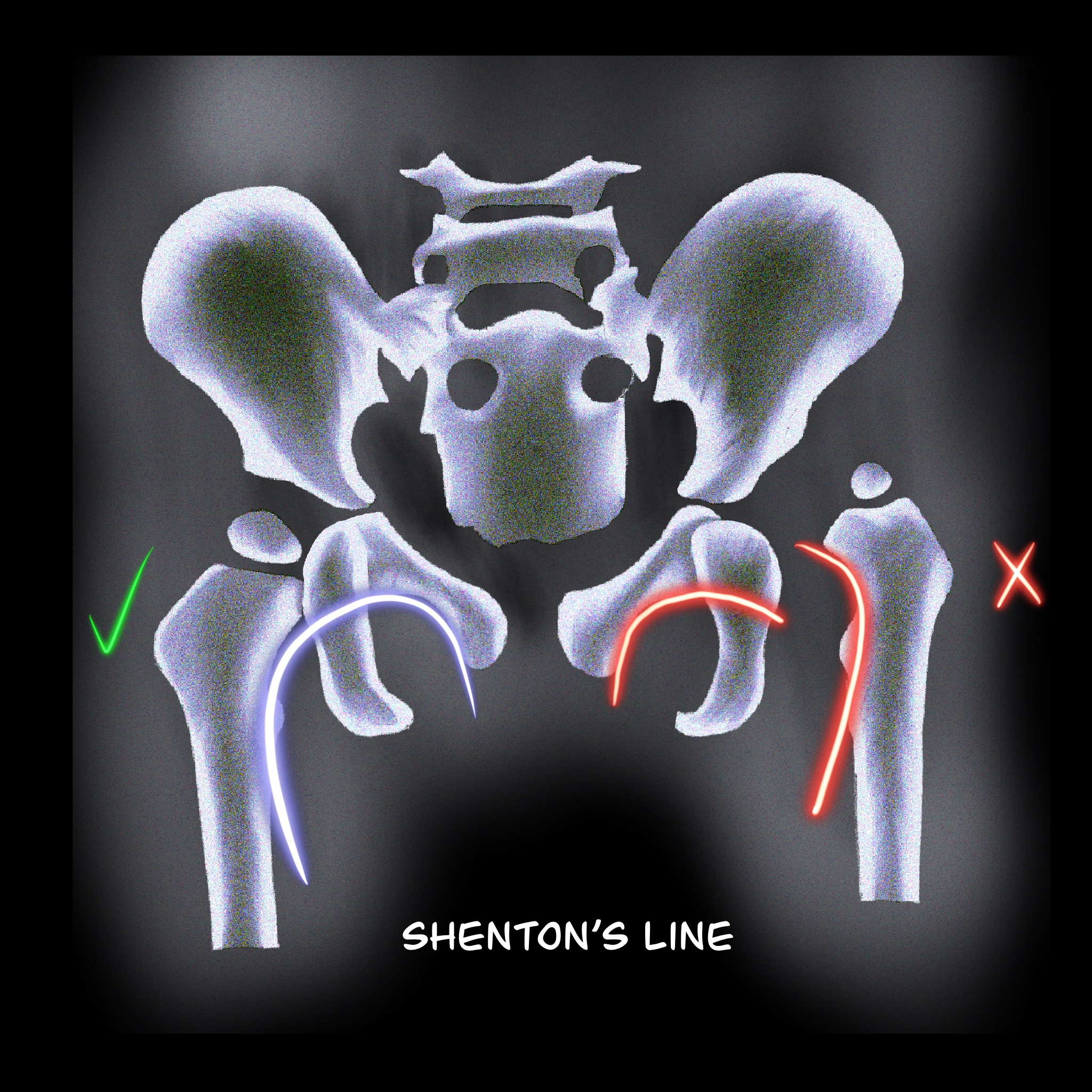 <p>Shenton Line. Any disruption of the line indicates a hip abnormality.</p>
