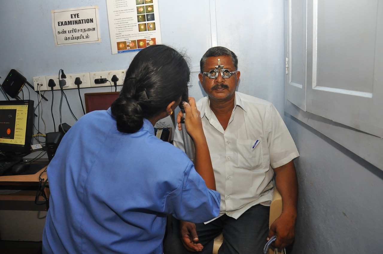 <p>Optometrist Assessing Subjective Refraction During Ophthalmoscopic Examination.</p>