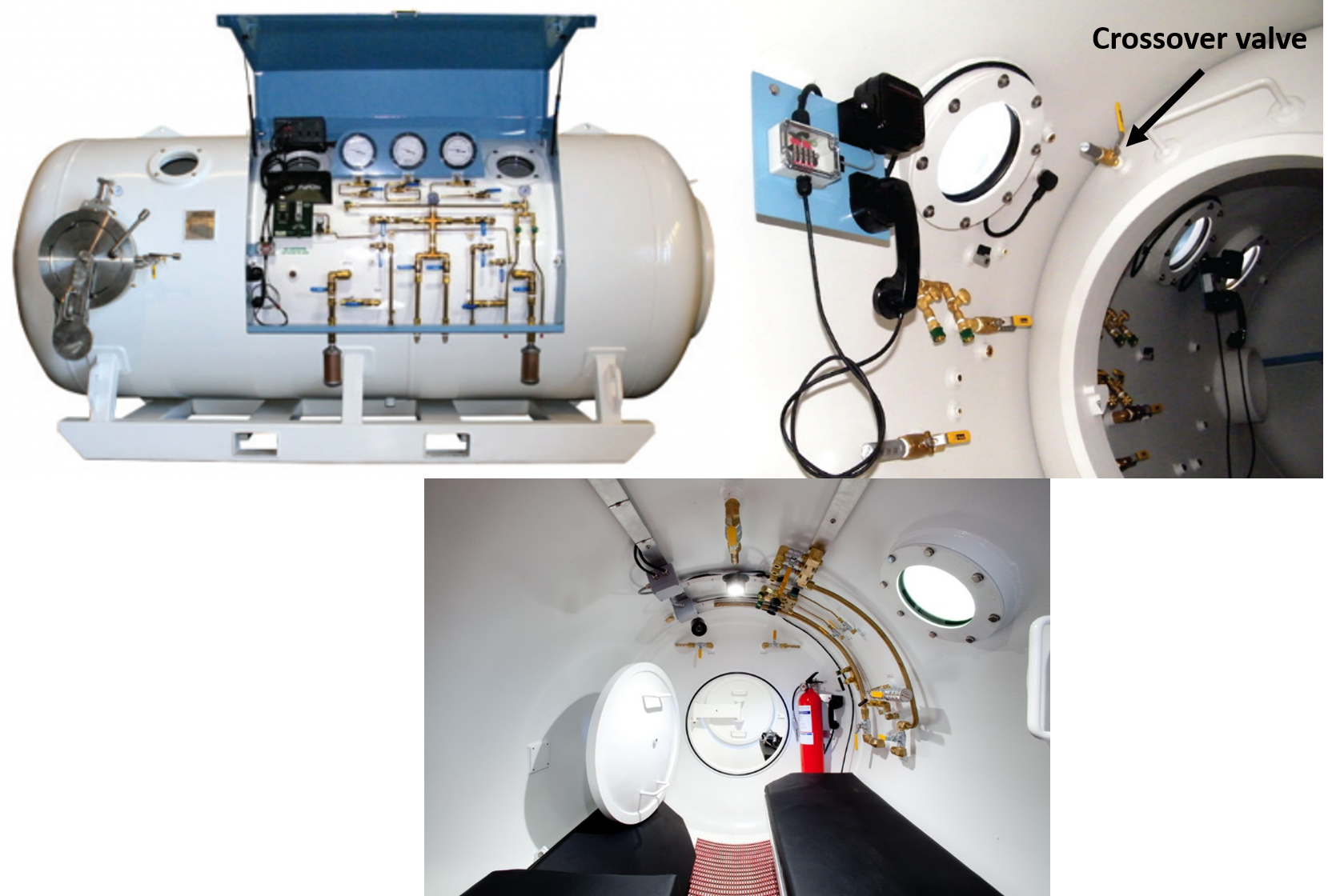 Upper left: deck decompression chamber (DDC) used in commercial diving