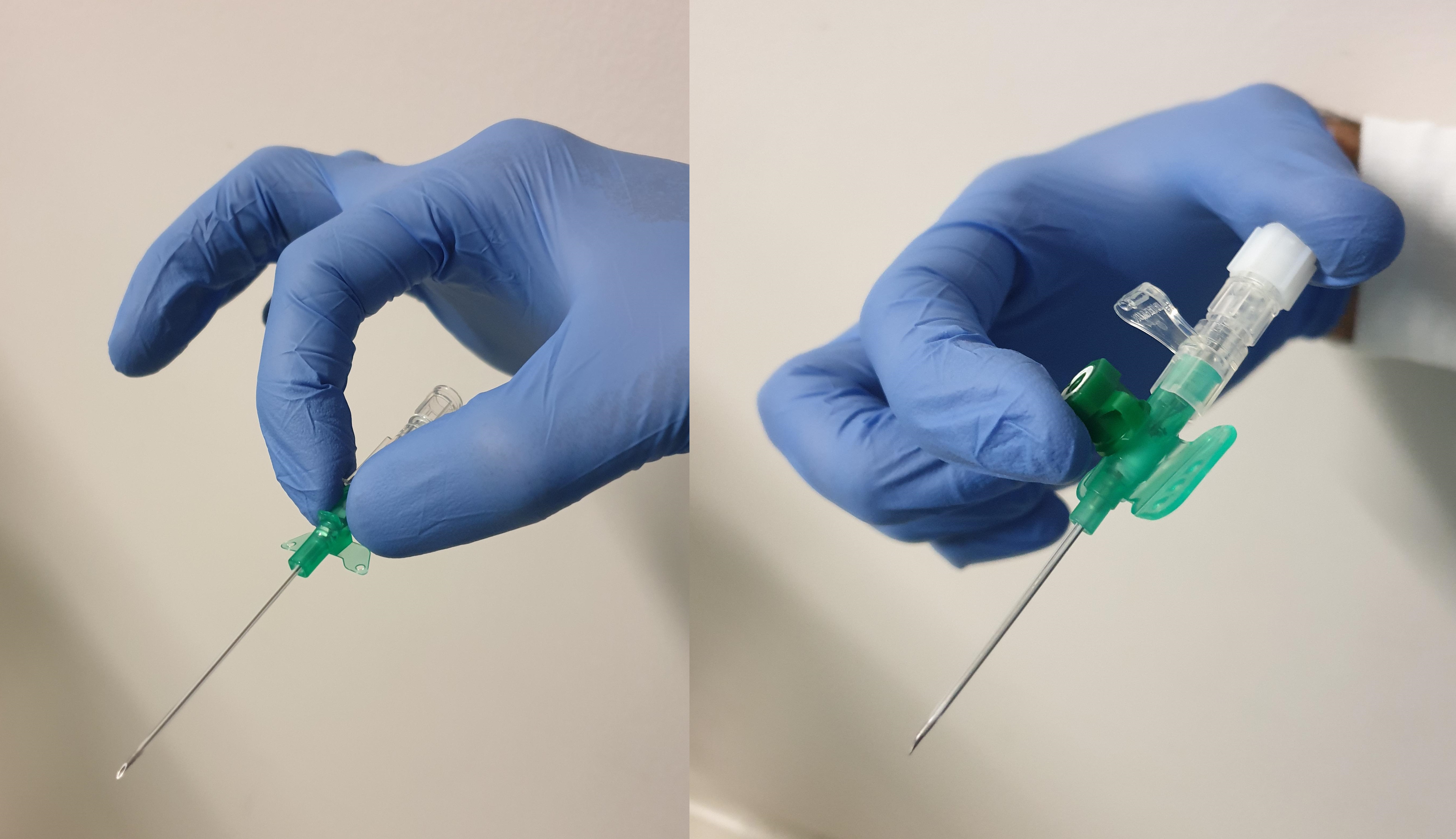 Demonstration of two ways in which a peripheral line can be held during insertion